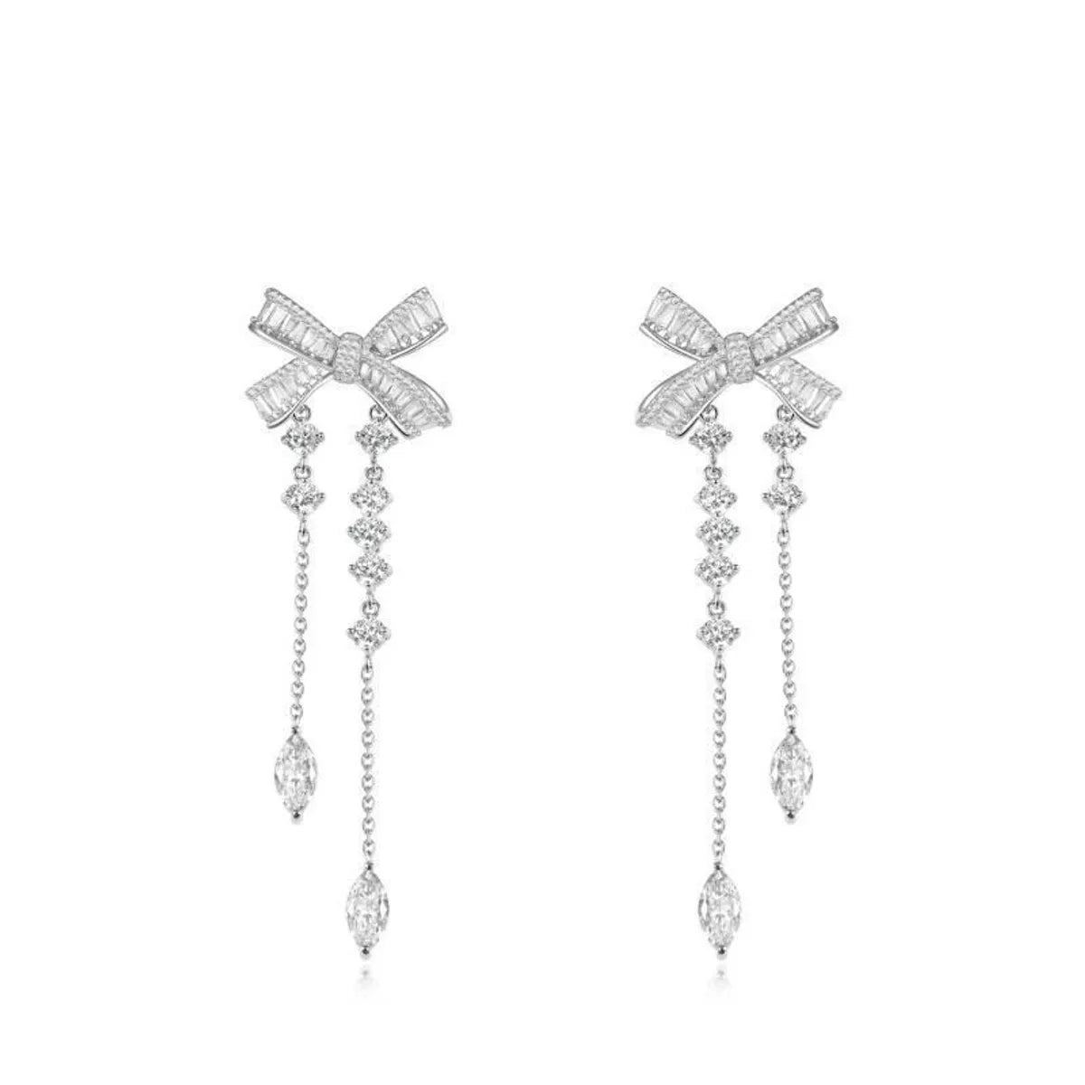 1 Pair Elegant Sweet Water Droplets Bow Knot Tassel Copper Zircon Drop Earrings