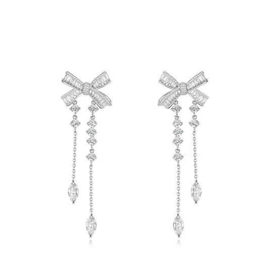 1 Pair Elegant Sweet Water Droplets Bow Knot Tassel Copper Zircon Drop Earrings