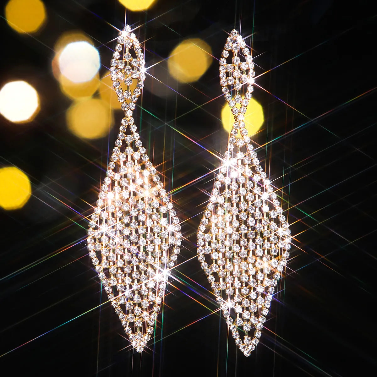 1 Pair Elegant Tassel Rhombus Inlay Alloy Rhinestones Drop Earrings