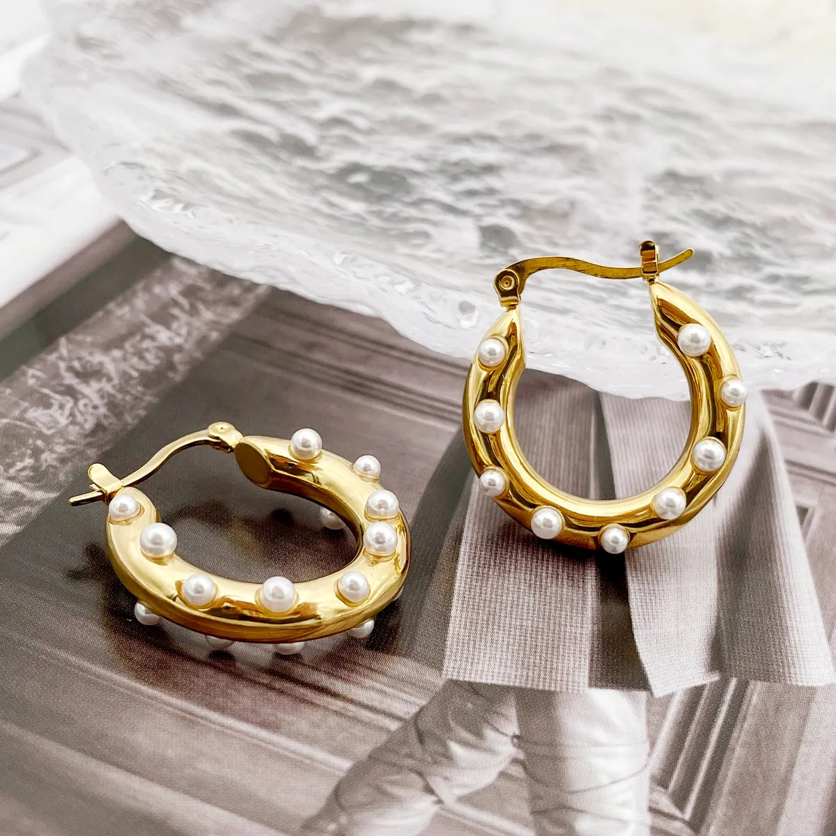 1 Pair Elegant U Shape Polishing Plating Inlay Stainless Steel Metal Pearl Gold Plated Hoop Earrings