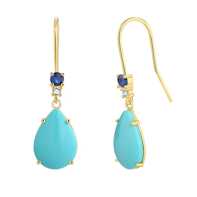 1 Pair Elegant Vacation Bohemian Geometric Square Water Droplets Inlay Brass Turquoise Zircon 18K Gold Plated Drop Earrings