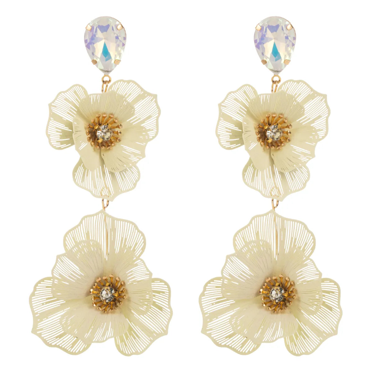 1 Pair Elegant Vacation Classic Style Flower Hollow Out Inlay Alloy Rhinestones Glass Silver Plated Drop Earrings