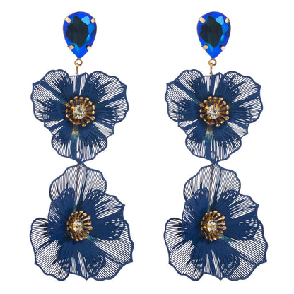 1 Pair Elegant Vacation Classic Style Flower Hollow Out Inlay Alloy Rhinestones Glass Silver Plated Drop Earrings