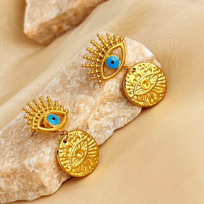 1 Pair Elegant Vacation Devil'S Eye Polishing Enamel Plating 201 Stainless Steel 18K Gold Plated Drop Earrings