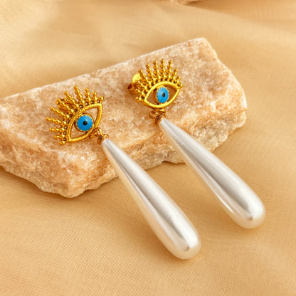 1 Pair Elegant Vacation Devil'S Eye Square Flower Polishing Plating 304 Stainless Steel 18K Gold Plated Drop Earrings