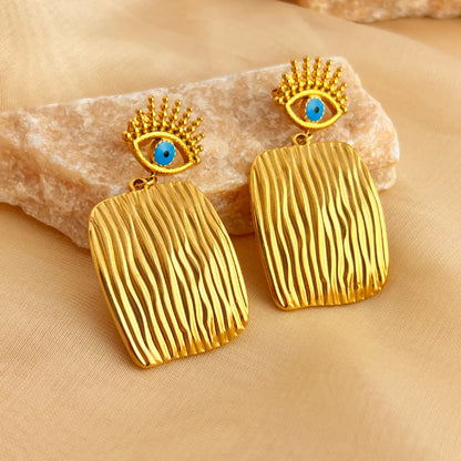 1 Pair Elegant Vacation Devil'S Eye Square Flower Polishing Plating 304 Stainless Steel 18K Gold Plated Drop Earrings