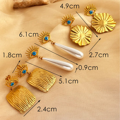 1 Pair Elegant Vacation Devil'S Eye Square Flower Polishing Plating 304 Stainless Steel 18K Gold Plated Drop Earrings