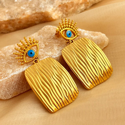 1 Pair Elegant Vacation Devil'S Eye Square Polishing Enamel Plating 304 Stainless Steel 18K Gold Plated Drop Earrings