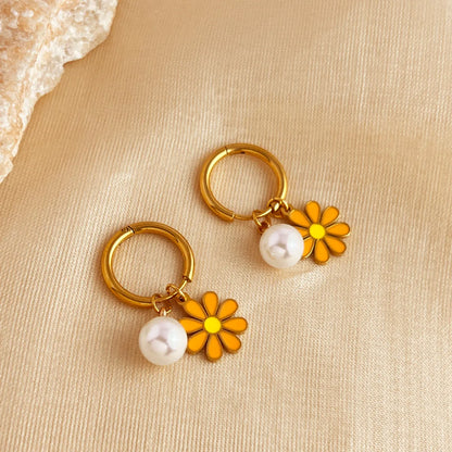 1 Pair Elegant Vacation Flower Polishing Enamel Plating 201 Stainless Steel 18K Gold Plated Drop Earrings