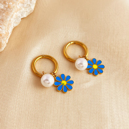 1 Pair Elegant Vacation Flower Polishing Enamel Plating 201 Stainless Steel 18K Gold Plated Drop Earrings