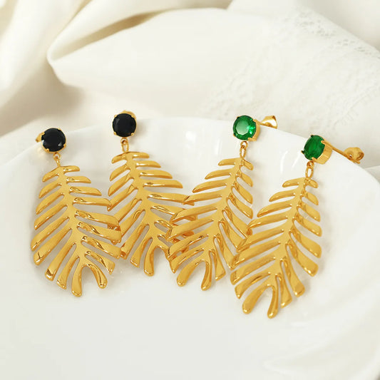 1 Pair Elegant Vintage Style Feather Plating Inlay Titanium Steel Zircon 18k Gold Plated Drop Earrings