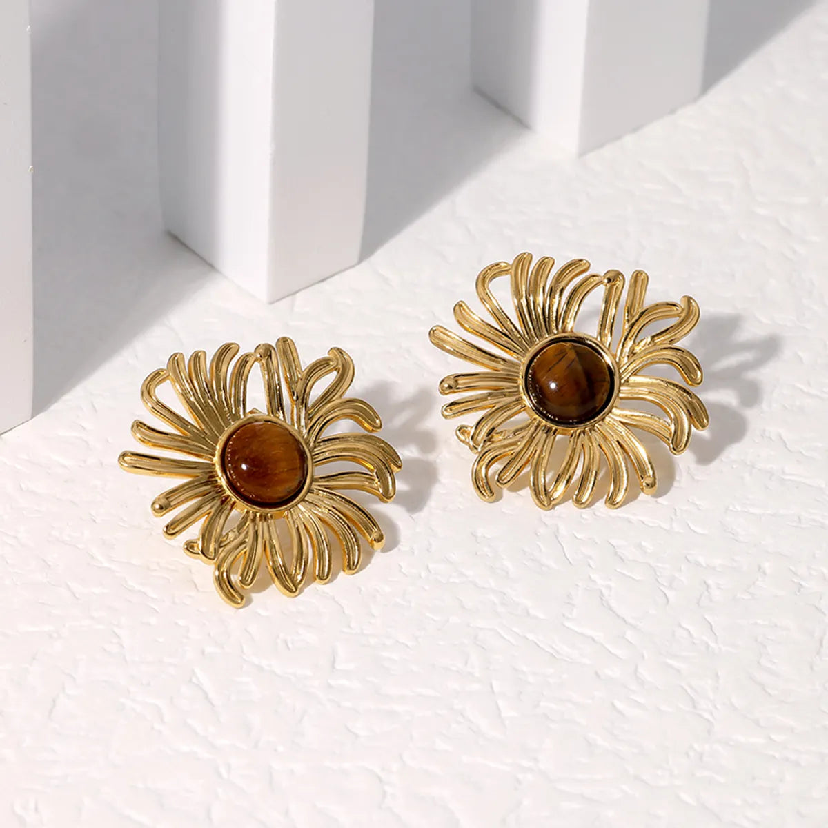 1 Pair Elegant Vintage Style French Style Flower Inlay 304 Stainless Steel Turquoise 18K Gold Plated Ear Studs