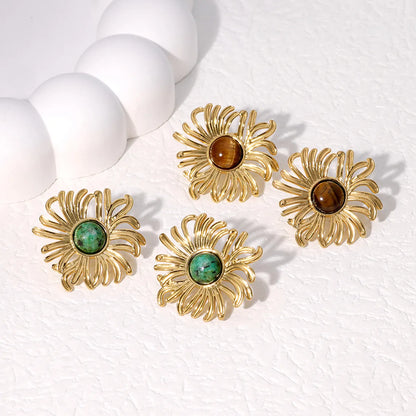 1 Pair Elegant Vintage Style French Style Flower Inlay 304 Stainless Steel Turquoise 18K Gold Plated Ear Studs