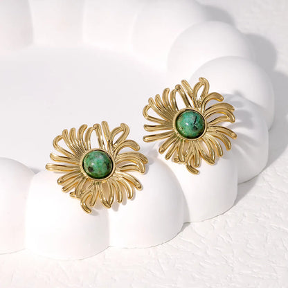 1 Pair Elegant Vintage Style French Style Flower Inlay 304 Stainless Steel Turquoise 18K Gold Plated Ear Studs