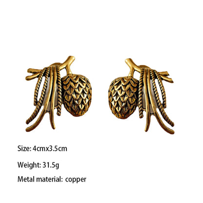 1 Pair Elegant Vintage Style Pine Cones Carving Copper Gold Plated Ear Studs