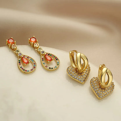 1 Pair Elegant Water Droplets Heart Shape Plating Inlay Copper Zircon 18k Gold Plated Drop Earrings