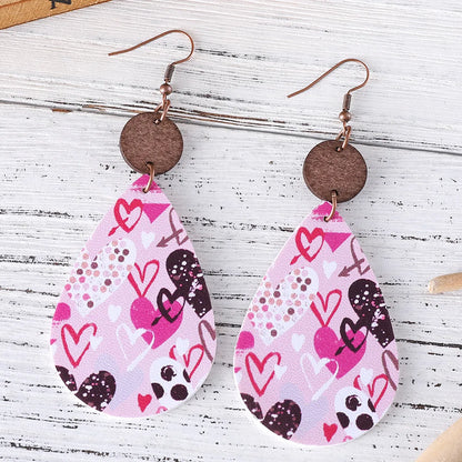 1 Pair Elegant Water Droplets Pu Leather Wood Drop Earrings