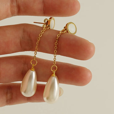 1 Pair Elegant Water Droplets Stainless Steel Inlay Artificial Pearls Shell 18k Gold Plated Drop Earrings