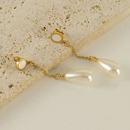 1 Pair Elegant Water Droplets Stainless Steel Inlay Artificial Pearls Shell 18k Gold Plated Drop Earrings