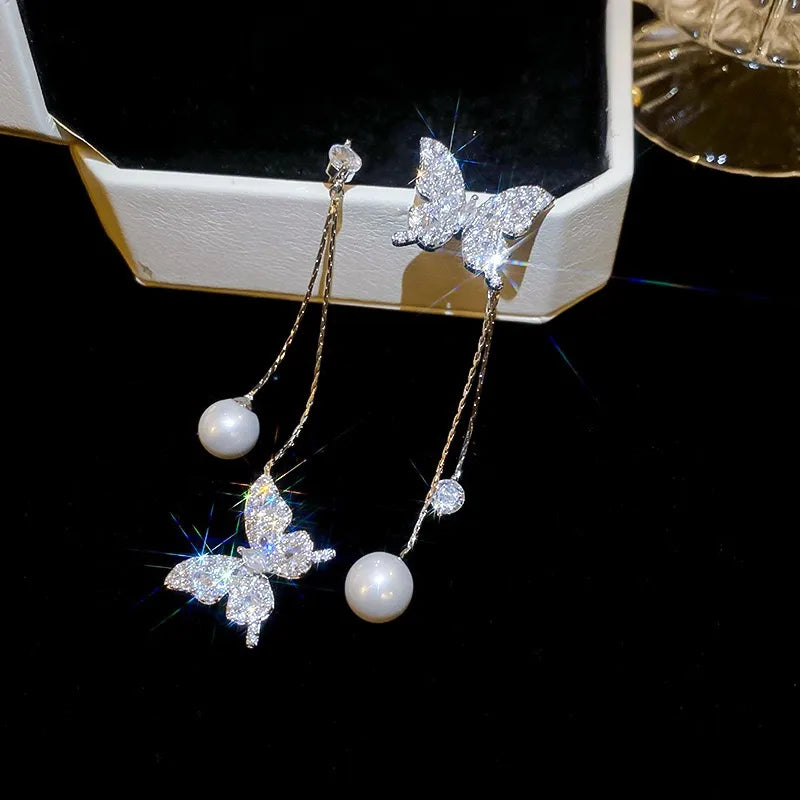 1 Pair Elegant Wedding Artistic Butterfly Asymmetrical Inlay Alloy Rhinestones Pearl Drop Earrings