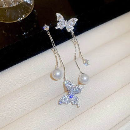 1 Pair Elegant Wedding Artistic Butterfly Asymmetrical Inlay Alloy Rhinestones Pearl Drop Earrings