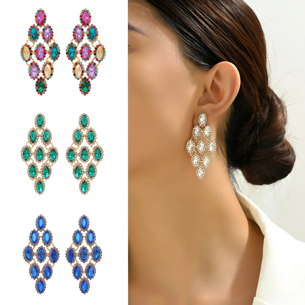 1 Pair Elegant Wedding Simple Style Rhombus Inlay Alloy Glass Drop Earrings