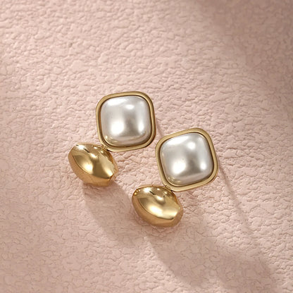 1 Pair Elegant Xuping Square Plating Inlay Stainless Steel Artificial Pearls 14k Gold Plated Ear Studs