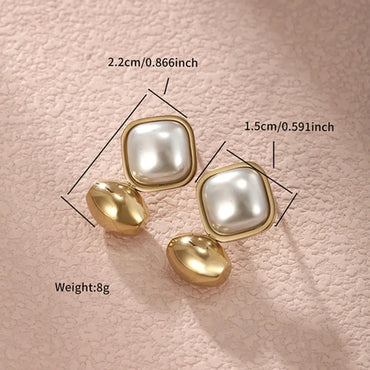 1 Pair Elegant Xuping Square Plating Inlay Stainless Steel Artificial Pearls 14k Gold Plated Ear Studs