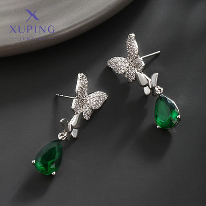 1 Pair Elegant XUPING Sweet Water Droplets Butterfly Inlay Copper Artificial Gemstones Platinum Plated Drop Earrings