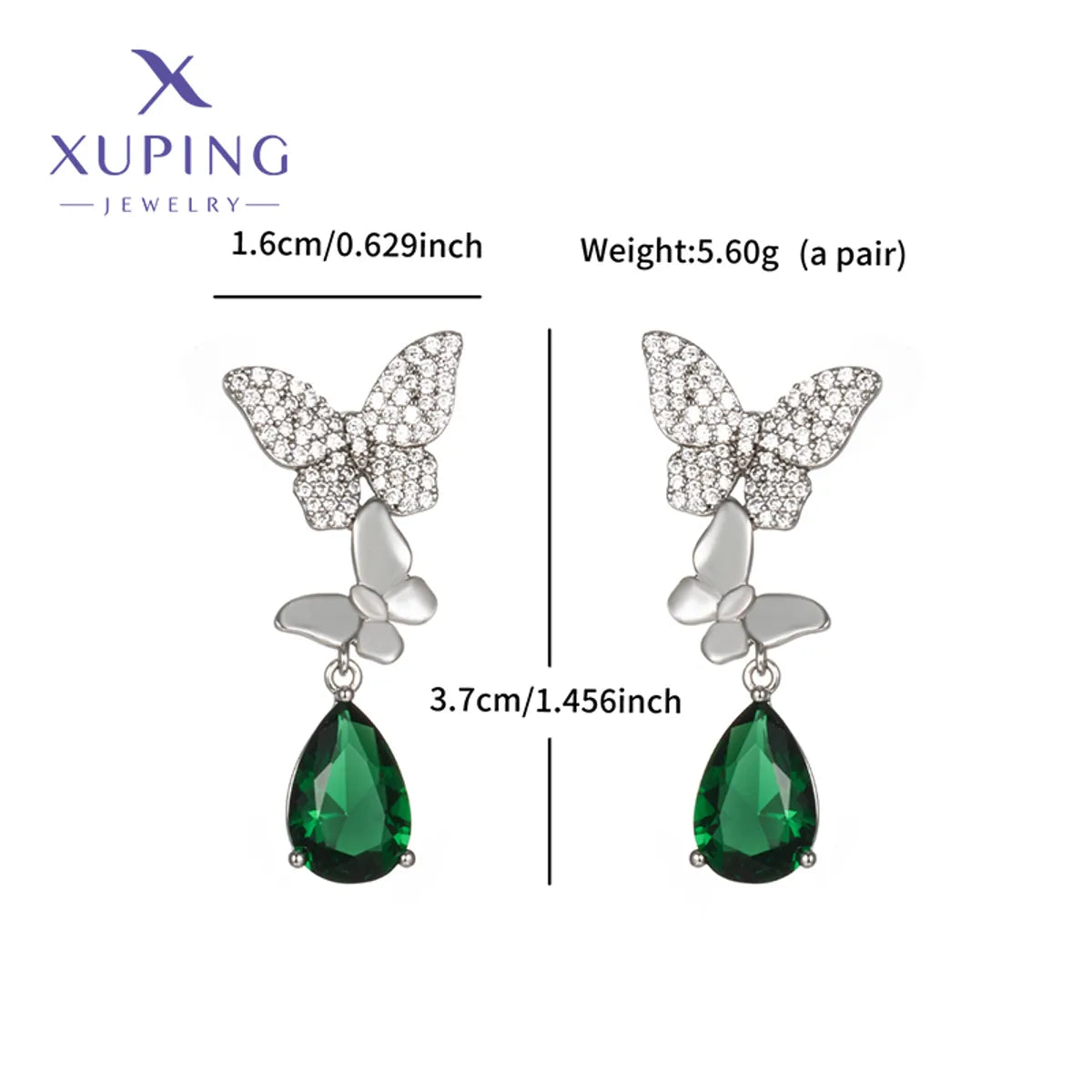 1 Pair Elegant XUPING Sweet Water Droplets Butterfly Inlay Copper Artificial Gemstones Platinum Plated Drop Earrings