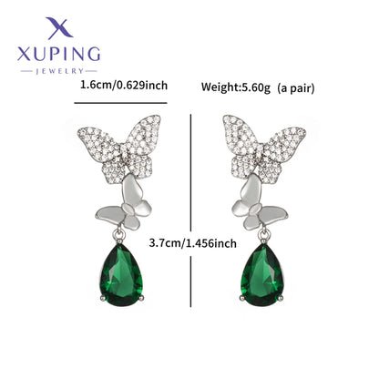 1 Pair Elegant XUPING Sweet Water Droplets Butterfly Inlay Copper Artificial Gemstones Platinum Plated Drop Earrings