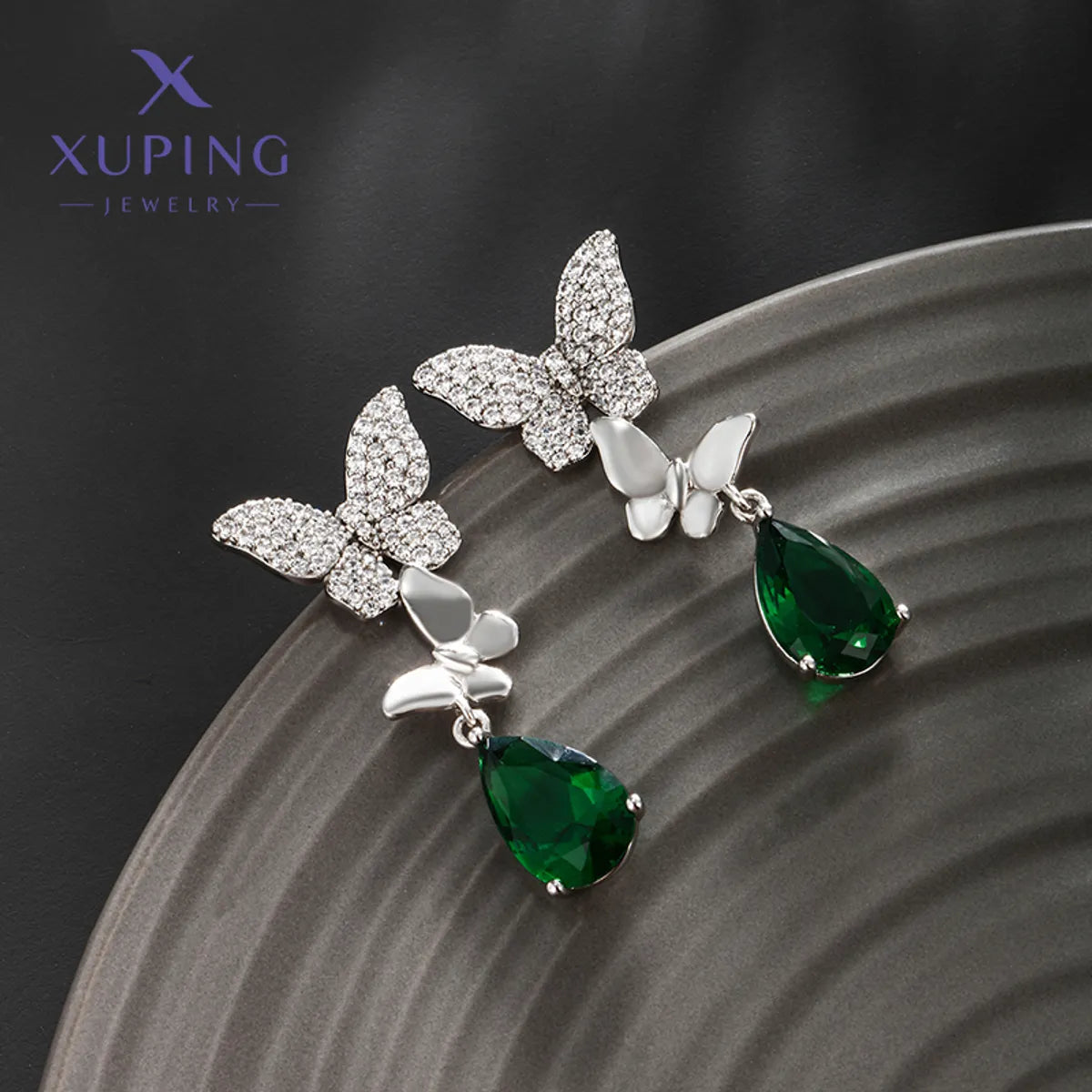 1 Pair Elegant XUPING Sweet Water Droplets Butterfly Inlay Copper Artificial Gemstones Platinum Plated Drop Earrings