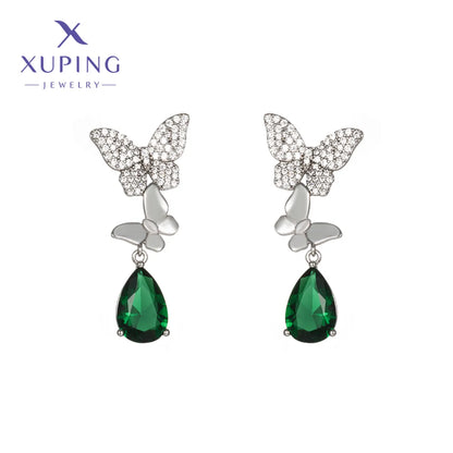 1 Pair Elegant XUPING Sweet Water Droplets Butterfly Inlay Copper Artificial Gemstones Platinum Plated Drop Earrings