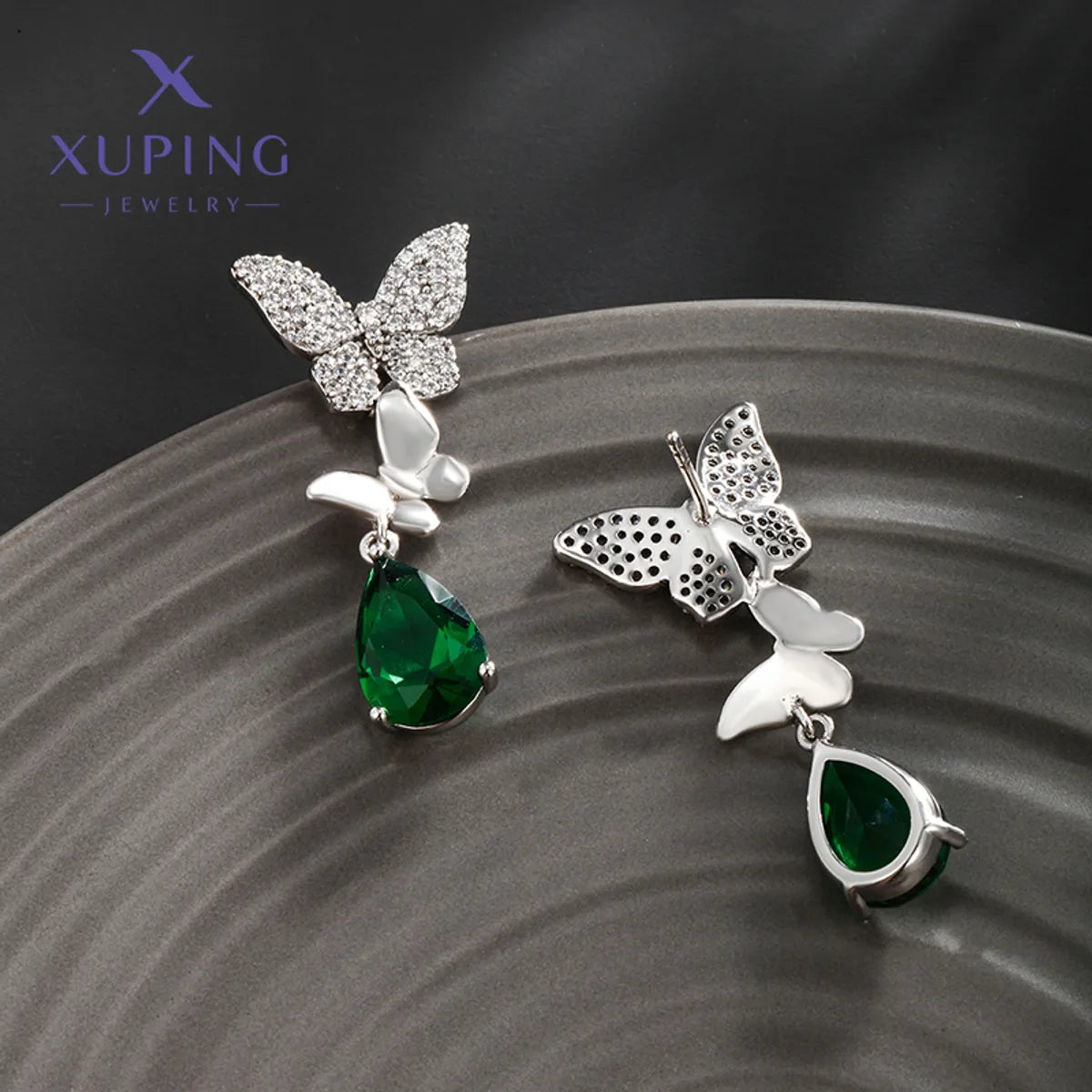 1 Pair Elegant XUPING Sweet Water Droplets Butterfly Inlay Copper Artificial Gemstones Platinum Plated Drop Earrings