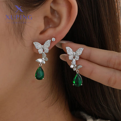 1 Pair Elegant XUPING Sweet Water Droplets Butterfly Inlay Copper Artificial Gemstones Platinum Plated Drop Earrings