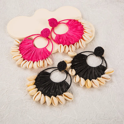 1 Pair Ethnic Style Beach Color Block Braid Raffia Shell Drop Earrings