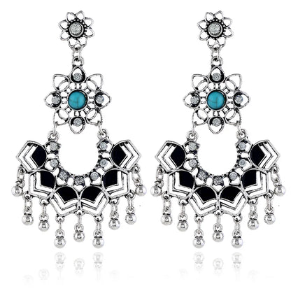 1 Pair Ethnic Style Bohemian Classic Style Tassel Flower Inlay Alloy Turquoise Drop Earrings