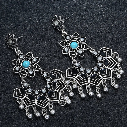 1 Pair Ethnic Style Bohemian Classic Style Tassel Flower Inlay Alloy Turquoise Drop Earrings