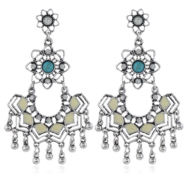 1 Pair Ethnic Style Bohemian Classic Style Tassel Flower Inlay Alloy Turquoise Drop Earrings