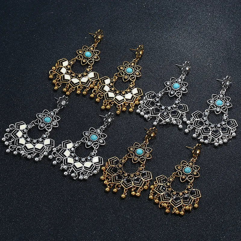 1 Pair Ethnic Style Bohemian Classic Style Tassel Flower Inlay Alloy Turquoise Drop Earrings