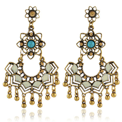 1 Pair Ethnic Style Bohemian Classic Style Tassel Flower Inlay Alloy Turquoise Drop Earrings