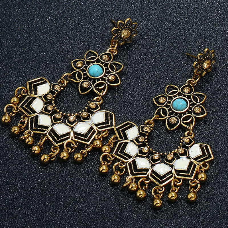 1 Pair Ethnic Style Bohemian Classic Style Tassel Flower Inlay Alloy Turquoise Drop Earrings