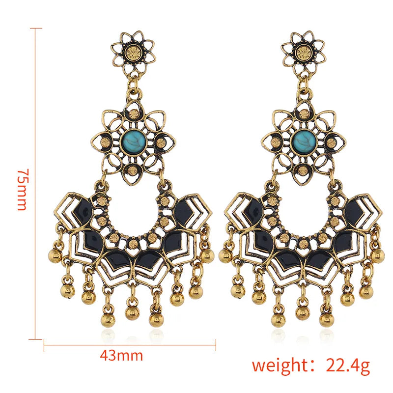 1 Pair Ethnic Style Bohemian Classic Style Tassel Flower Inlay Alloy Turquoise Drop Earrings