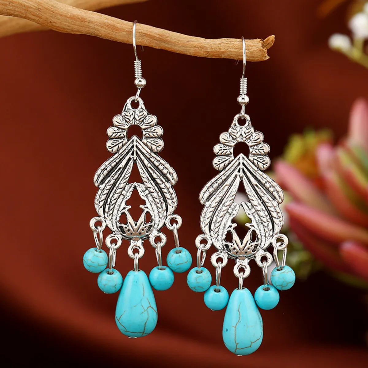 1 Pair Ethnic Style Bohemian Geometric Water Droplets Inlay Zinc Alloy Turquoise Drop Earrings