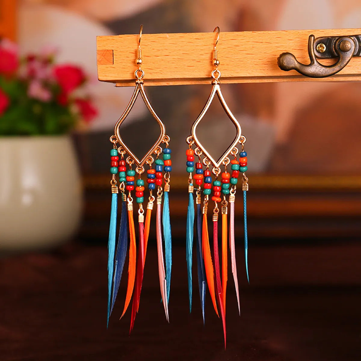 1 Pair Ethnic Style Bohemian Tassel Plating Alloy Feather Drop Earrings