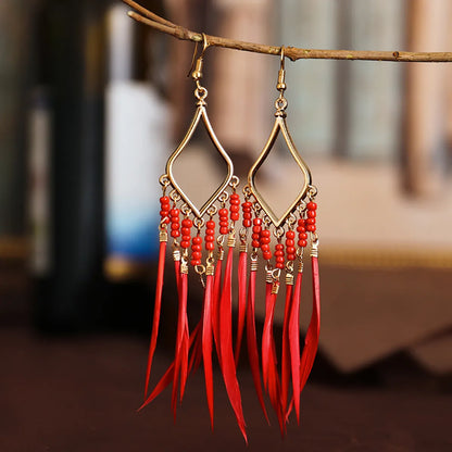 1 Pair Ethnic Style Bohemian Tassel Plating Alloy Feather Drop Earrings