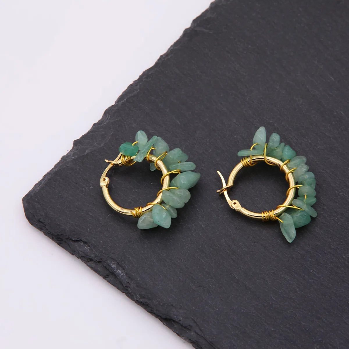 1 Pair Ethnic Style Bohemian Tropical Solid Color Handmade Plating Natural Stone Copper 18k Gold Plated Hoop Earrings