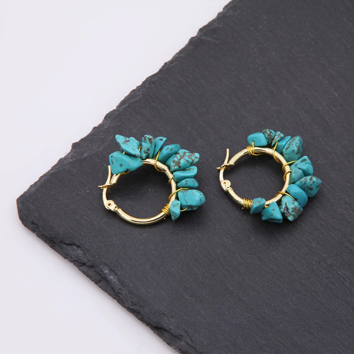 1 Pair Ethnic Style Bohemian Tropical Solid Color Handmade Plating Natural Stone Copper 18k Gold Plated Hoop Earrings