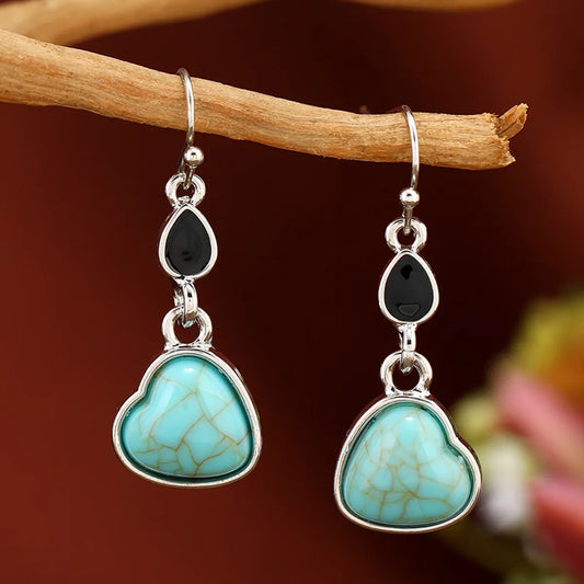 1 Pair Ethnic Style Bohemian Water Droplets Heart Shape Inlay Zinc Alloy Turquoise Drop Earrings