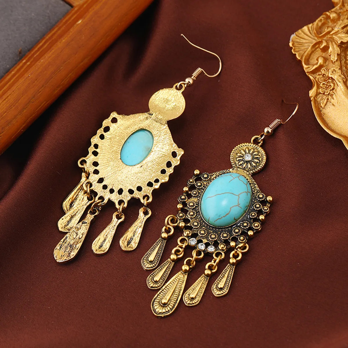 1 Pair Ethnic Style Classic Style Geometric Water Droplets Inlay Alloy Turquoise Rhinestones Drop Earrings